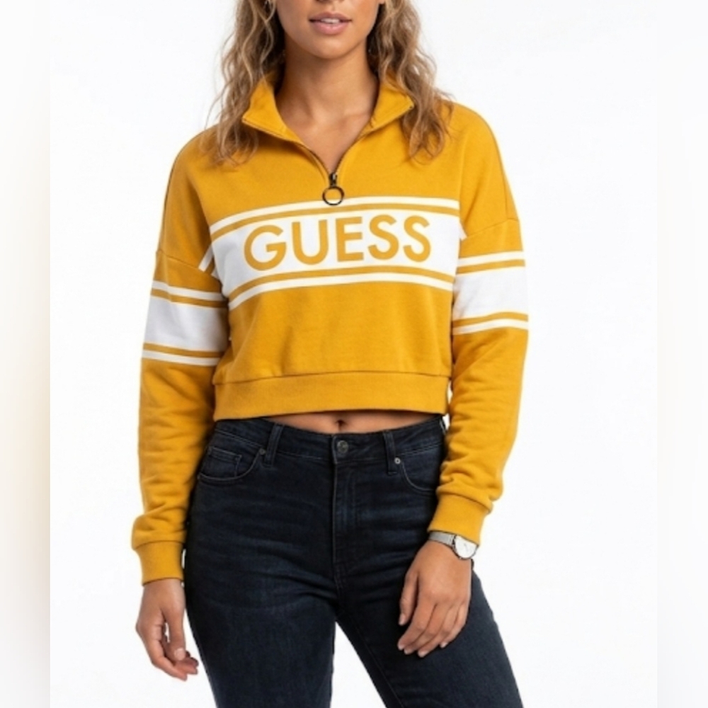 Guess Mustard Yellow & White Cropped Quarter-Zip Pullover size:L